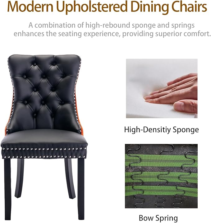 Dining Chairs Set of 6, Upholstered Tufted Dining Room Chairs with High Back, Nailhead Trim and Solid Wood Legs, Modern Dinning Chairs for Dining Room, Black Pu Leather Splicing Orange Velvet