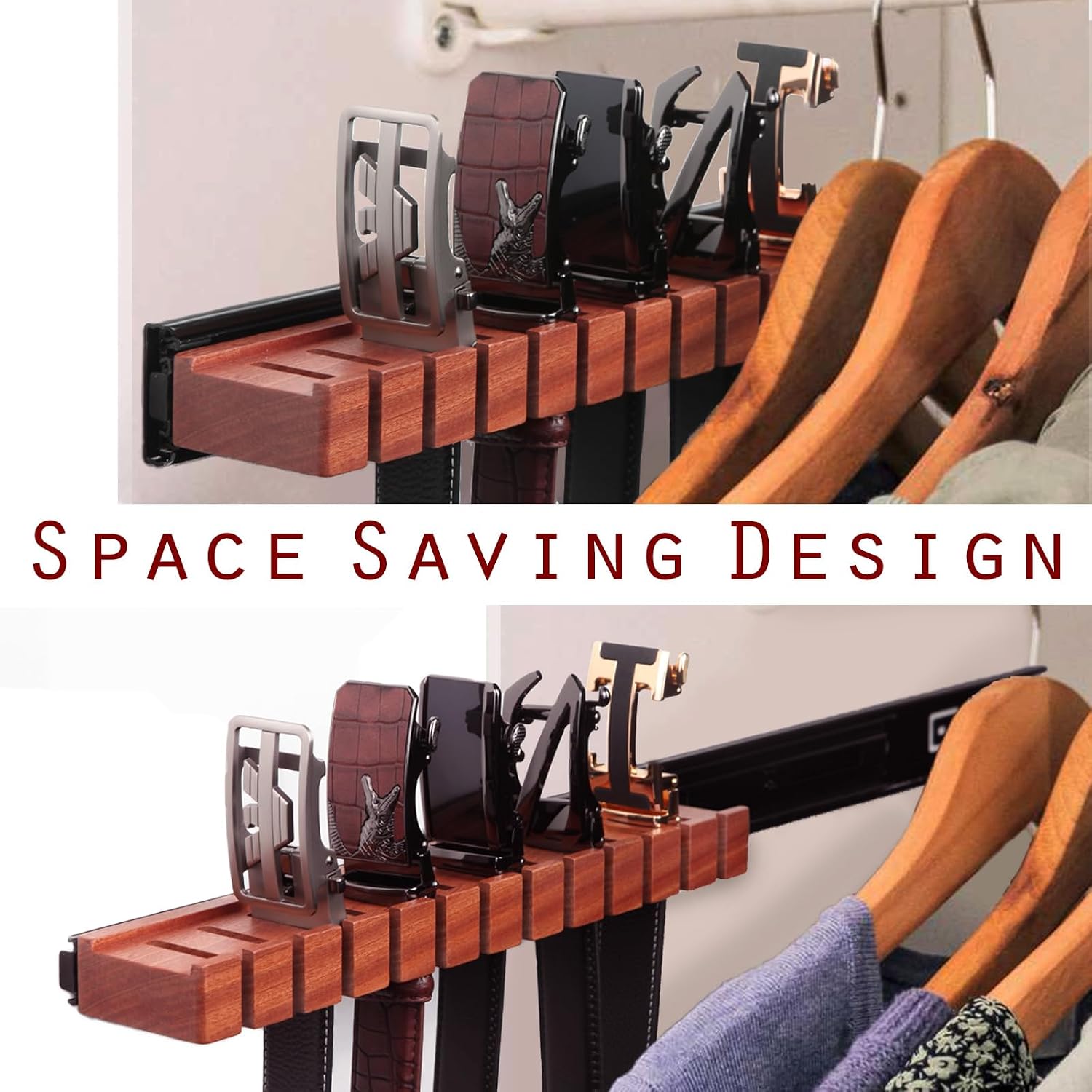 Premium Walnut Wood Belt Organizer with Sliding System - 12-Belt Heavy-Duty Belt Holder, Wall-Mounted Belt Hanger for Closet, Space Saving Storage & Elegant Father’s Day Gift