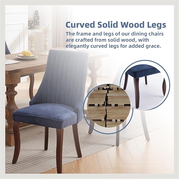 Dining Room Chairs Set of 8，Linen Channel Tufted Kitchen Dining Room Chair with Curved Solid Wood Legs, Comfortable Fabric Upholstered Dining Chair for Dining Room, (Blue 8pc)