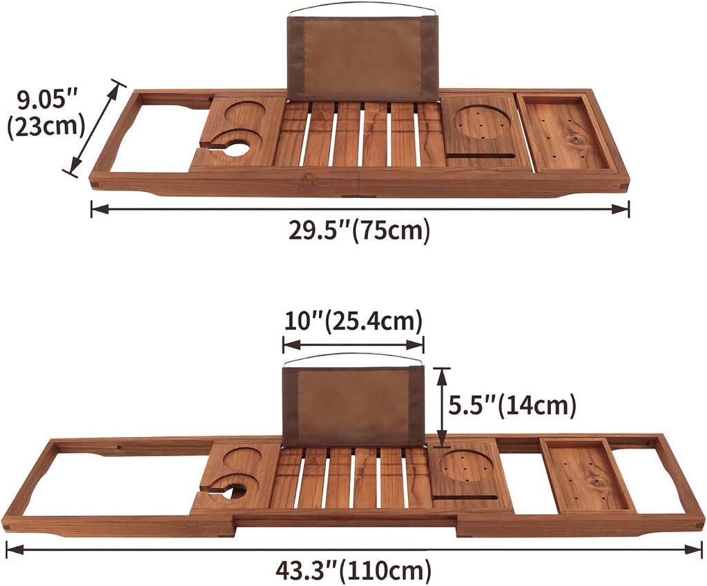 VaeFae Premium Teak Bathtub Tray, Expandable Wooden Bath Tray for Tub, Luxury Bathtub & Bathroom Accessories, Great House Warming, Anniversary & Wedding and Birthday Gifts (Free Teak Body Brush)