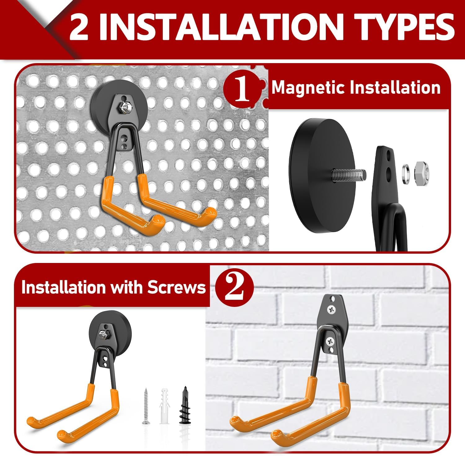 3-H Heavy Duty Magnet Garage Hooks 4 Pack, Extra Large Strong Magnetic Hooks for Hanging Cordless Power Drill, Utility Magnetic Tool Holder for Metal Cabinet, Steel Pegboard, Toolbox, Garage(Orange)