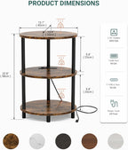 Small Round Side Table - 3-Tier Oval Accent Table for Small Spaces, Rustic Wood and Metal Nightstand for Living Room or Bedroom, with Built-in USB Ports and Power Outlet, Rustic Brown