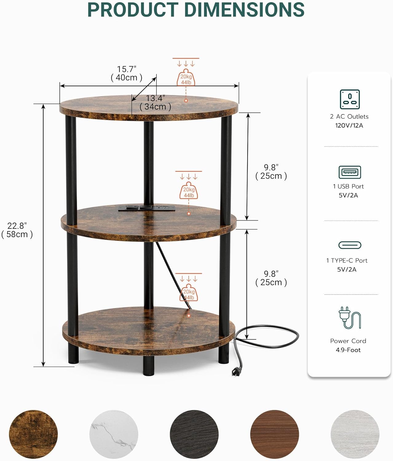 Small Round Side Table - 3-Tier Oval Accent Table for Small Spaces, Rustic Wood and Metal Nightstand for Living Room or Bedroom, with Built-in USB Ports and Power Outlet, Rustic Brown