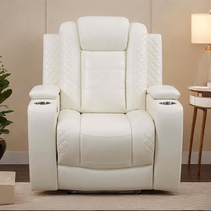 Power Recliner Chair, Leather Recliners with Home Theater Seating, Oversized Single Electric Recliner Sofa Breathable Living Room Chairs for Adults Reading Gaming, White
