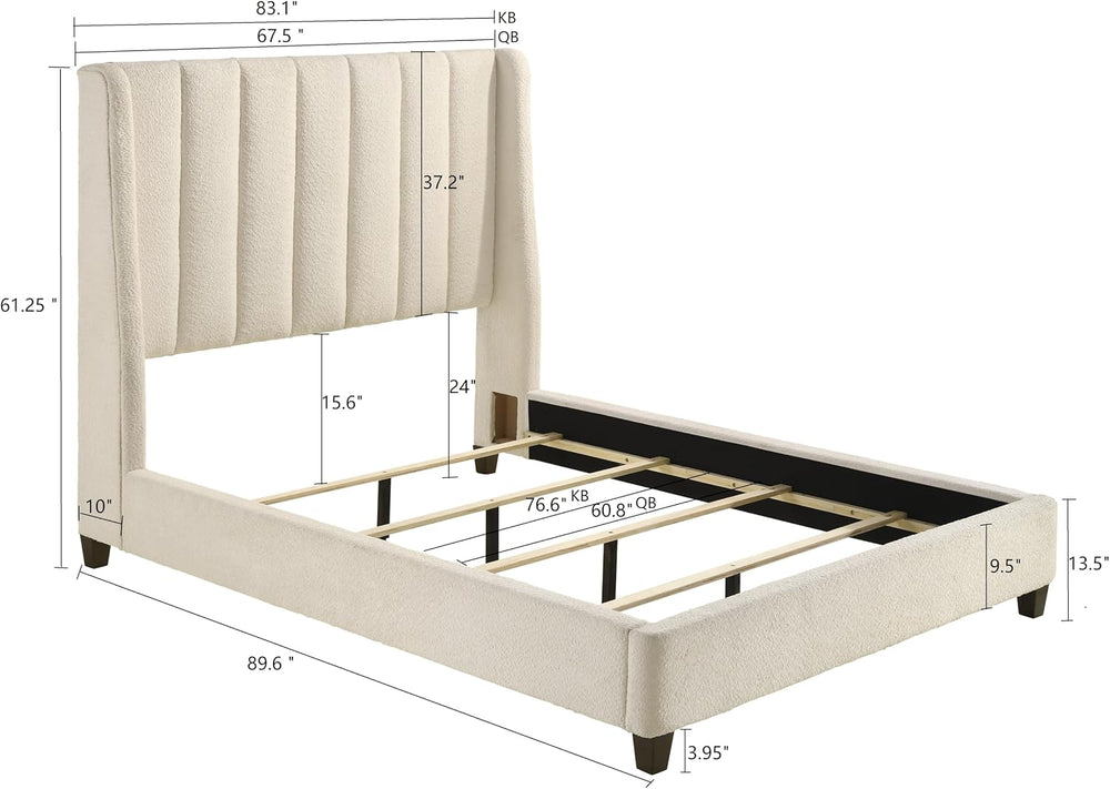 1pc Contemporary Boucle Upholstered Queen Bed Tufted Wing Back Headboard Low ...