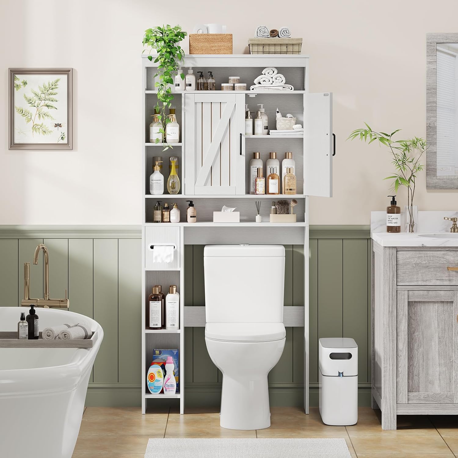 Over The Toilet Storage Cabinet with 2 Barn Doors & Built-in Toilet Paper Holder, Farmhouse Space-Saving Organizer for Bathrooms and Laundry Room, White