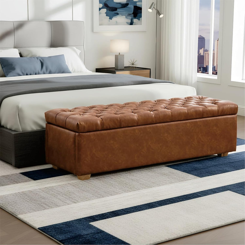 Chifee & Vingol 60" PU Ottoman with Storage Oversized End of Bed Storage Bench Upholstered Benches for Entryway, Living Room, Bedroom-Brown