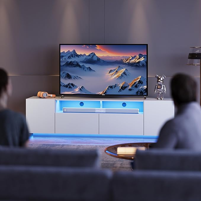 WLIVE LED TV Stand with Large Storage Cabinet, Modern Entertainment Center for 55/60/65/70/75 Inch TVs, Sturdy TV Console for Living Room, Bedroom,Rec Room(White)