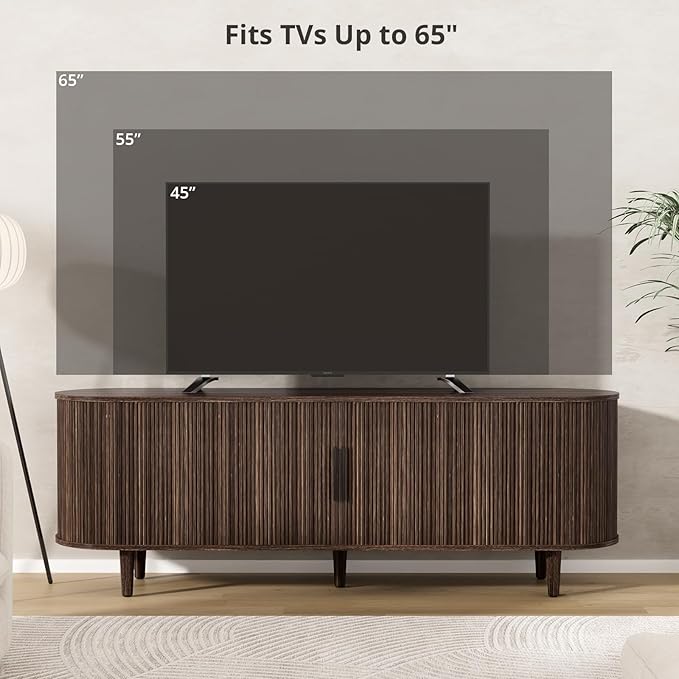 VOWNER 63" Fluted TV Stand, Modern Entertainment Center for TVs Up to 65" with Adjustable Shelves and Sliding Doors, Curved Media Console Table with Storage Cabinet for Living Room Bedroom (Walnut)