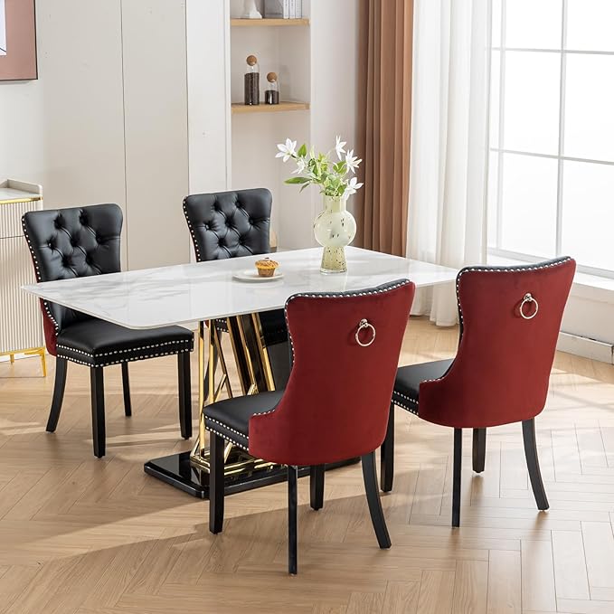 Velvet Dining Chairs Set of 4, High-end Tufted Upholstered Dining Chair with Ring Pull and Solid Wood Legs, Modern Dining Room Chairs for Dining Room, Black PU & Burgundy Velvet