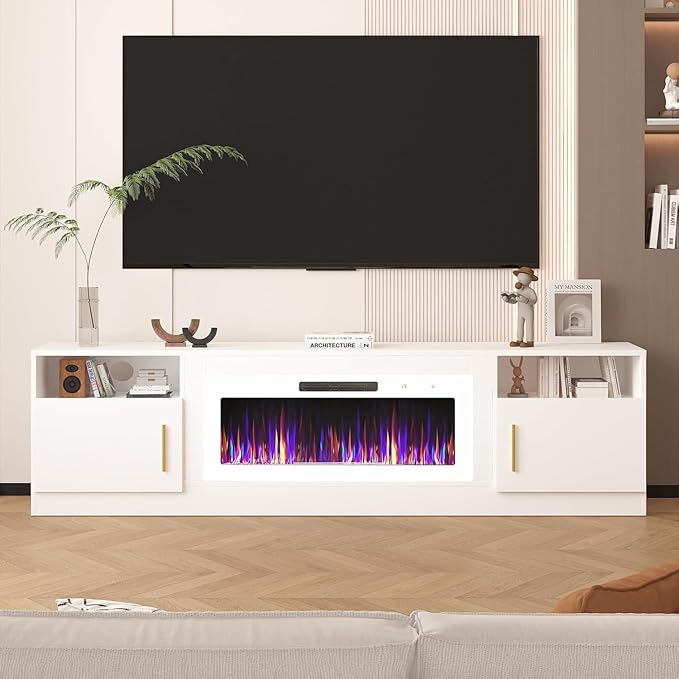 Lemberi Fireplace tv Stand with 36 inch White Fireplace Up to 90" TVs, LED Light Entertainment Center and Storage, 80" Modern Wood Media TV Console with Highlight Cabinet for Living Room