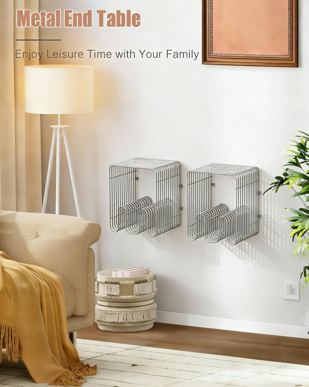 Metal Side Table, Metal End Table with Magazine Rack,Sofa Bedside Table for S...