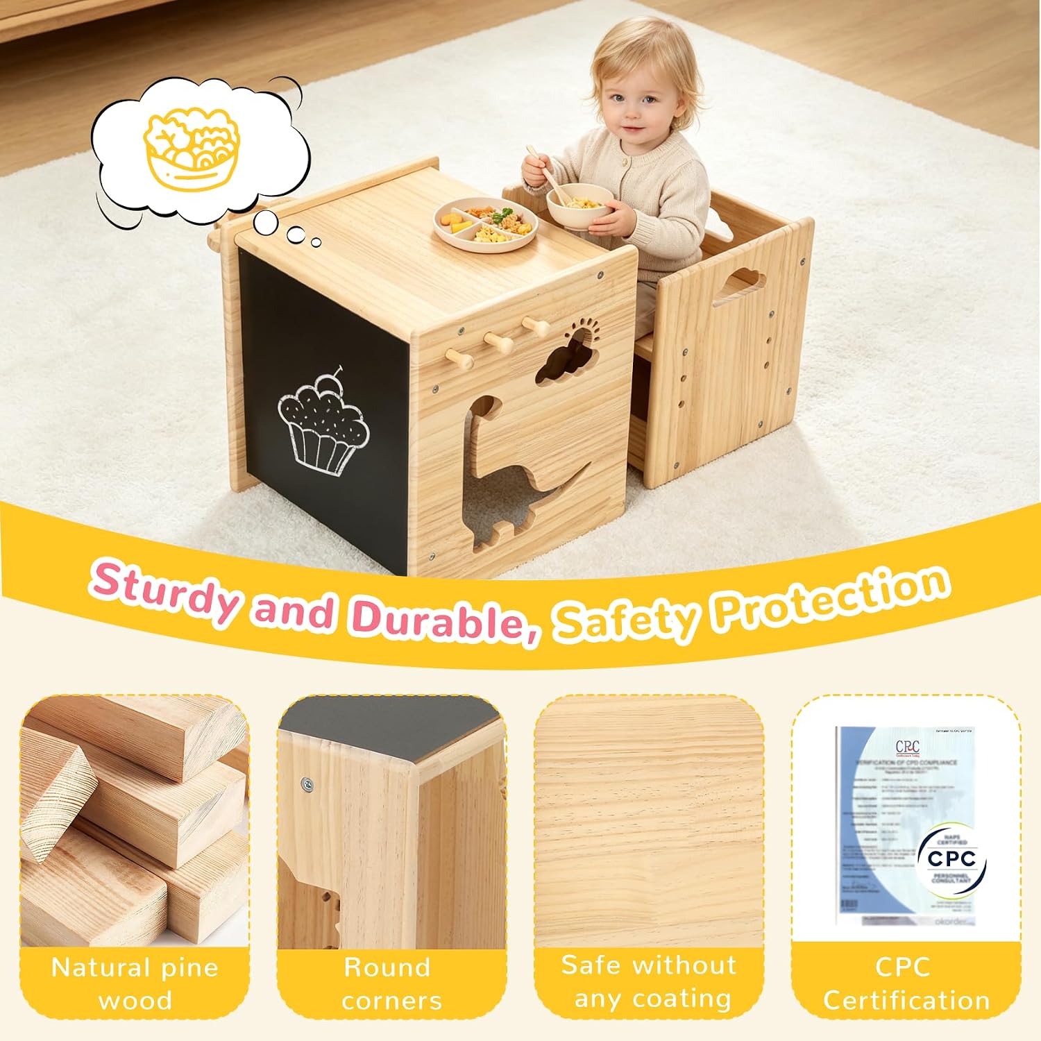 Brobear Weaning Table and Chair Set for 3-Layer Adjustable, Storage Drawer | for Ages 1-3,Blackboard, Storage Hooks, Puzzle Storage Boards, Natural Wood,CPC Certification, for Dining, Painting, Reading