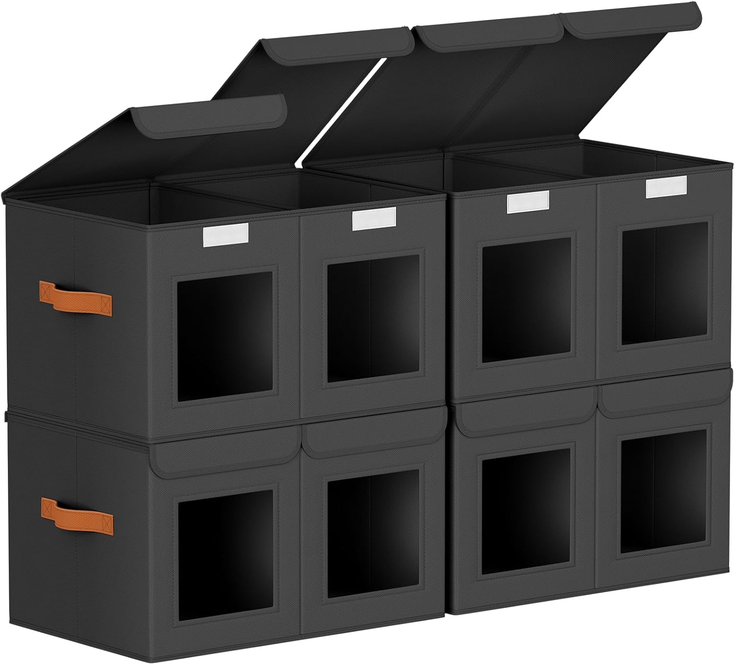 Large Closet Storage Bins - Collapsible Divided Clothes Organizer with Lids & Dual Window, Fabric Organizing Bins for Clothes, Sweater, Toys, Bedroom, Office (Black, 4 Pack)
