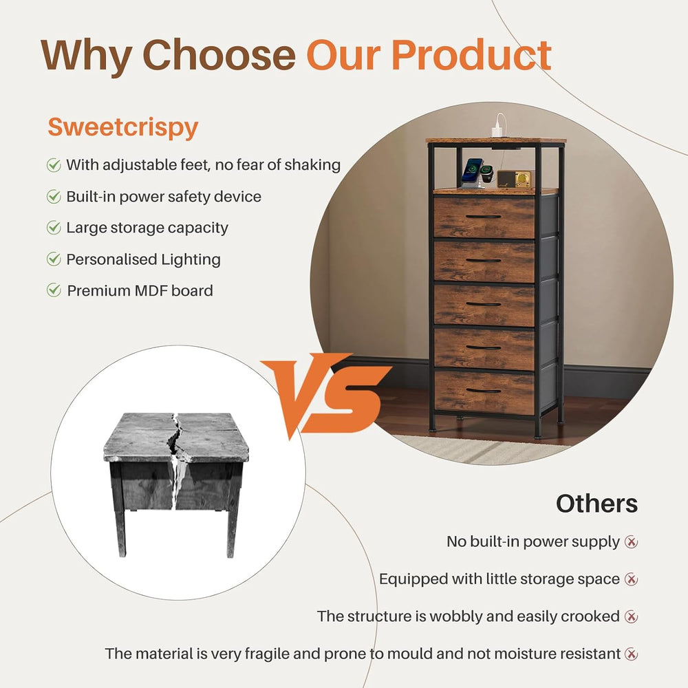 Sweetcrispy Nightstand with Charging Station 5 Fabric Drawers Bedside Table |...