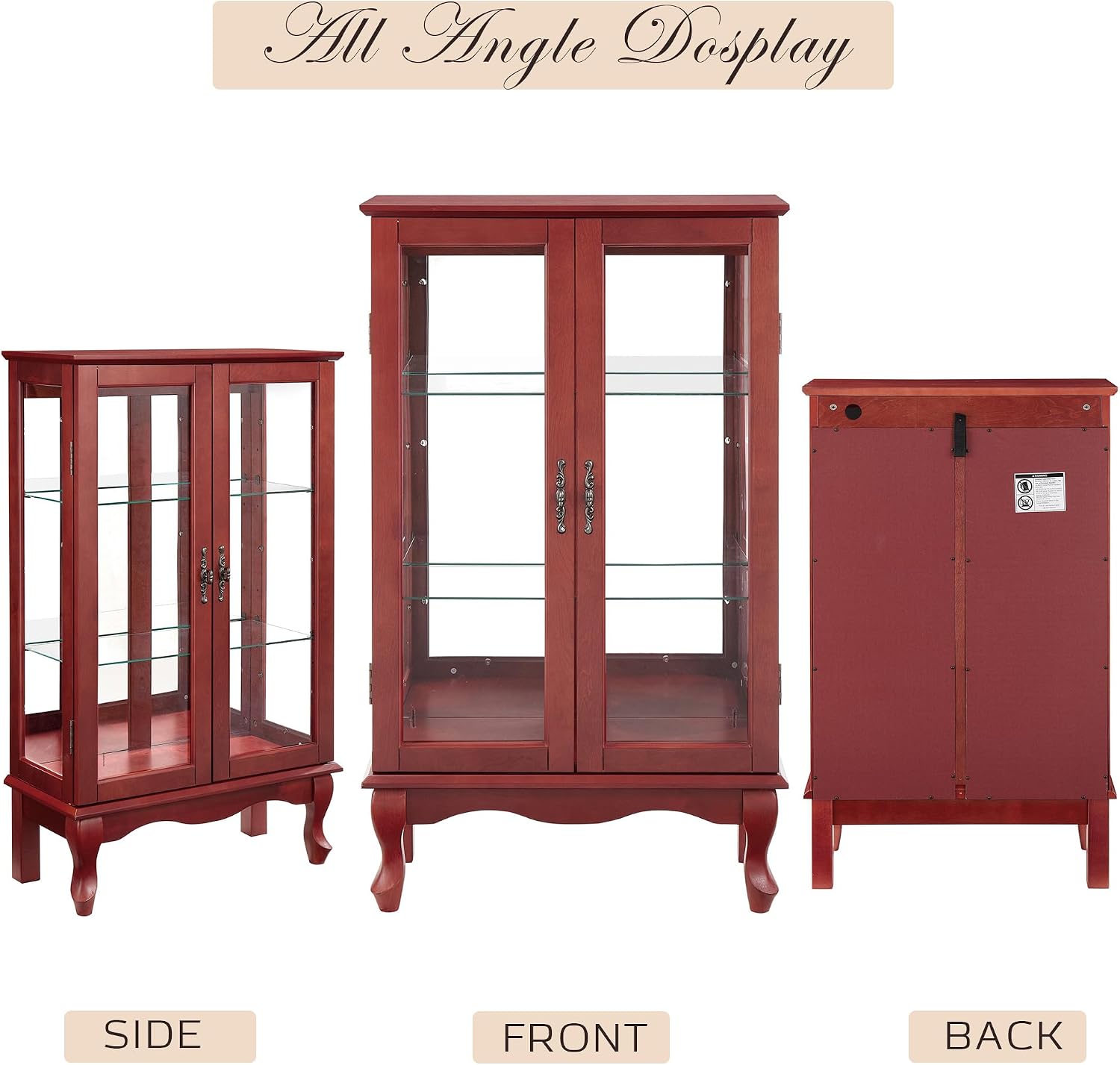 44" Small Lighted Glass Accent Curio Cabinet, Vintage China Cage with 2 Tempered Glass Doors & Adjustable Shelves, Acrylic Mirrored Pane, Elegant Wine Artwork Showcase Rack for Living Room (Cherry)
