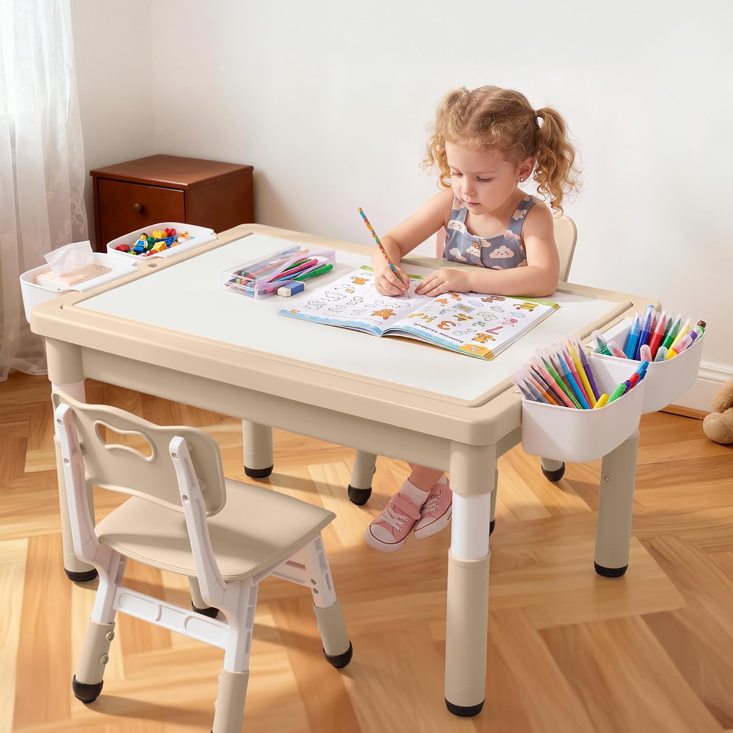 Kinder King Kids Table & 2 Chairs Set, Height Adjustable Children Activity Table w/Storage, Graffiti & Building Blocks Tabletop, Toddler Furniture Set for Classroom, Daycare, Home, Age 3+, Khaki