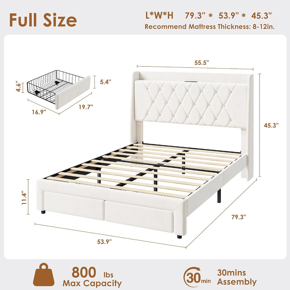 Garvee Full Size Bed Frame with Storage, Velvet Upholstered Platform Bed Fram...