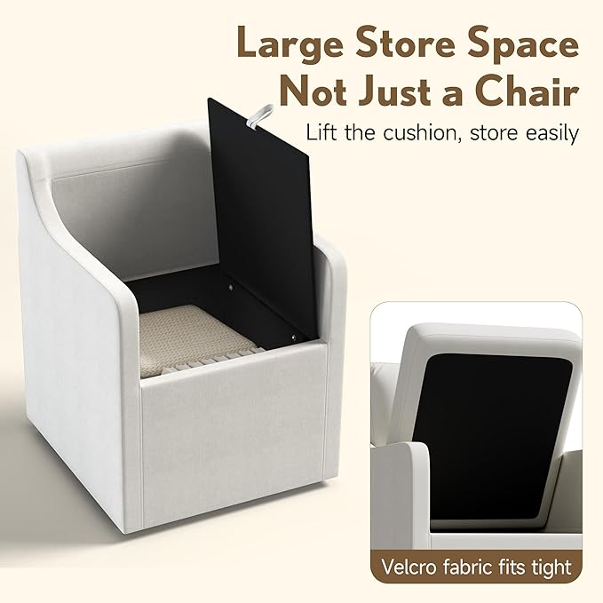 Upholstered Dining Chairs,Modern Rolling Linen Dining Chairs with Casters,Swivel Armchair with Storage for Reading Room,Kitchen,Dining Room(Cream)