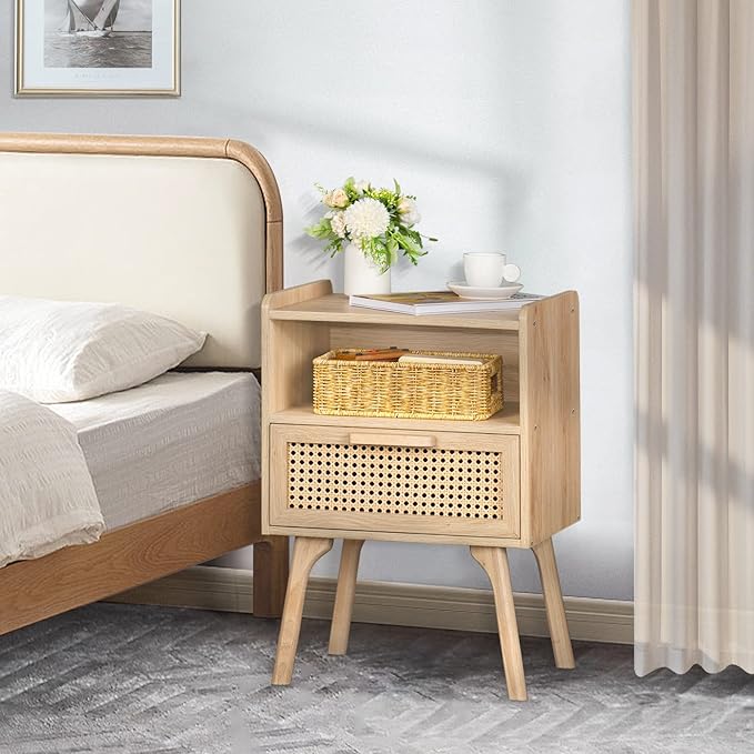 Lerliuo Rattan Nightstand, Boho Side Table with Drawer Open Shelf, Cane Accen...