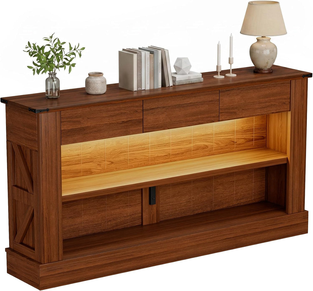 Miereirl 63" Console Table with Drawers & LED Light, Farmhouse, Waln...
