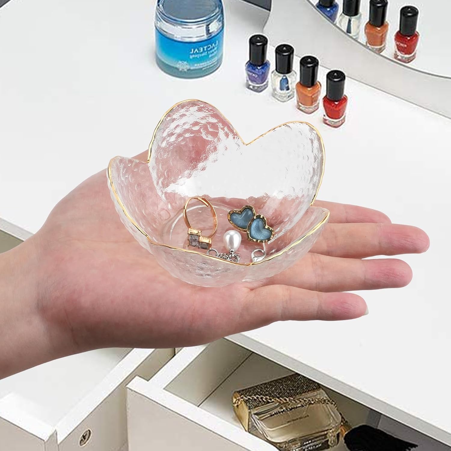 2Pcs Flower Shape Jewelry Tray, 3.5in Small Glass Jewelry Dish, Room Aesthetic Ring Dish, Engagement Ring Holder for Women, Bathroom Trinket Tray for Rings Earring Wife Mom Daughter Gift (White, Grey)