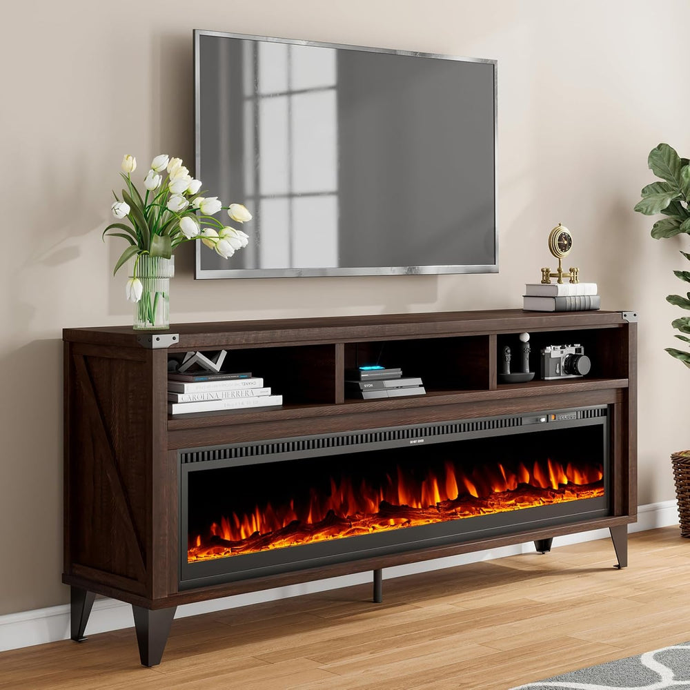 LUXOAK 65" Farmhouse TV Stand with 60" Electric Fireplace for TVs u...
