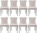 Velvet Upholstered Dining Chairs Set of 8, Modern Style Kitchen Side Chairs with Nailhead Trim and Silver Plated Leg, Metal Pulling Ring for Dining Room Living Room(Creamy White)