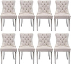 Velvet Upholstered Dining Chairs Set of 8, Modern Style Kitchen Side Chairs with Nailhead Trim and Silver Plated Leg, Metal Pulling Ring for Dining Room Living Room(Creamy White)