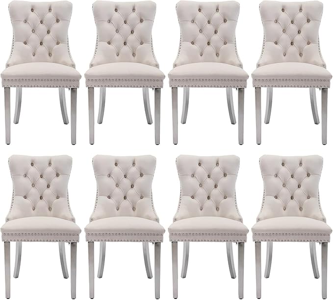 Velvet Upholstered Dining Chairs Set of 8, Modern Style Kitchen Side Chairs with Nailhead Trim and Silver Plated Leg, Metal Pulling Ring for Dining Room Living Room(Creamy White)