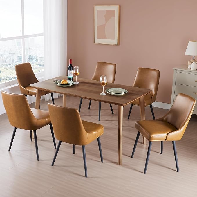 Modern Upholstered Dining Chairs Set of 6 with Thick Seat Cushion and Curved Back, Synthetic Leather Mid-Century Dinner Chair for Kitchen, Dining Room,Cafe (Faux Leather-Brown, Set of 6)