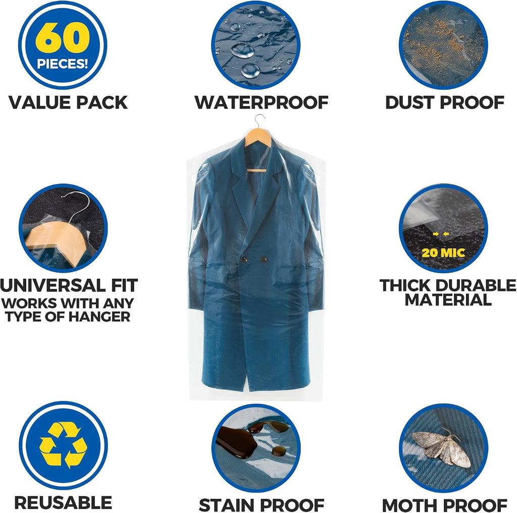 60-Pack Dry Cleaning Bags for Clothes 40-Inch Long - Clear Plastic Garment Bags for Hanging Clothes, Dry Cleaner Plastic Clothing Cover for Suits, Coat, Shirt, & Pants