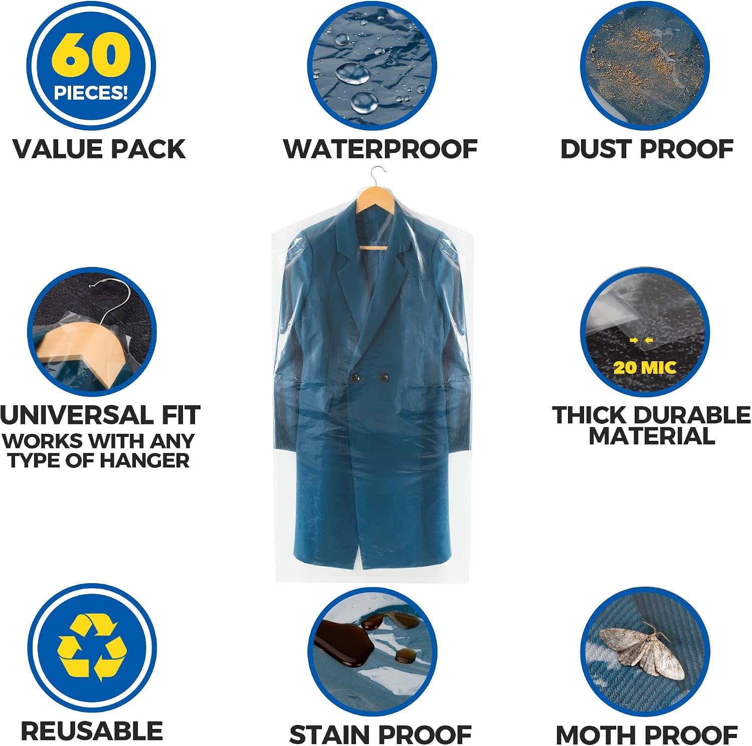 60-Pack Dry Cleaning Bags for Clothes 40-Inch Long - Clear Plastic Garment Bags for Hanging Clothes, Dry Cleaner Plastic Clothing Cover for Suits, Coat, Shirt, & Pants