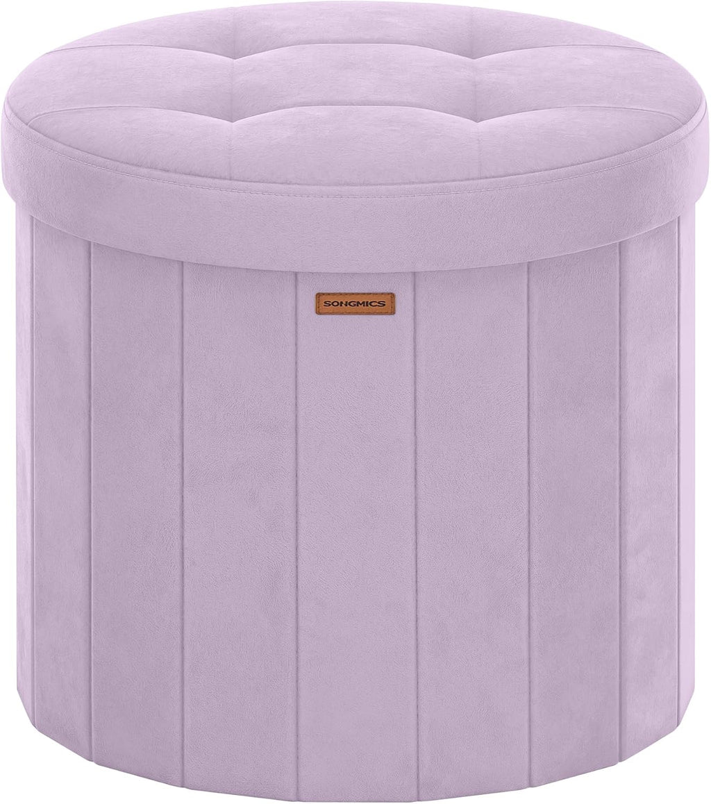 SONGMICS Mazie Collection - Round Storage Ottoman, Folding Footrest Stool with Removable Lid, Easy Assembly, Velvet Vanity Stool for Bedroom, Living Room, Entryway, Purple ULSF608PE01