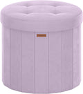 SONGMICS Mazie Collection - Round Storage Ottoman, Folding Footrest Stool with Removable Lid, Easy Assembly, Velvet Vanity Stool for Bedroom, Living Room, Entryway, Purple ULSF608PE01