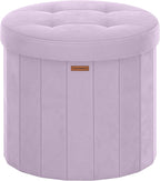 SONGMICS Mazie Collection - Round Storage Ottoman, Folding Footrest Stool with Removable Lid, Easy Assembly, Velvet Vanity Stool for Bedroom, Living Room, Entryway, Purple ULSF608PE01