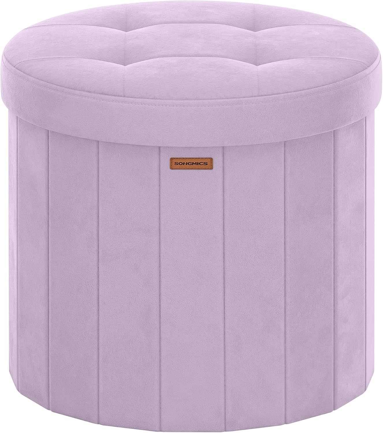 SONGMICS Mazie Collection - Round Storage Ottoman, Folding Footrest Stool with Removable Lid, Easy Assembly, Velvet Vanity Stool for Bedroom, Living Room, Entryway, Purple ULSF608PE01