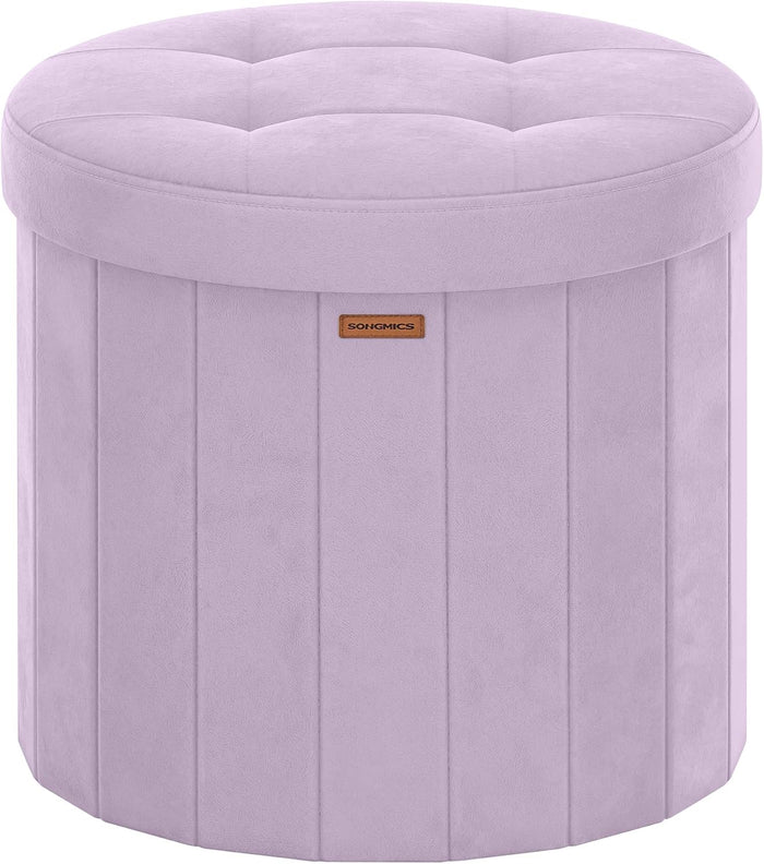 SONGMICS Mazie Collection - Round Storage Ottoman, Folding Footrest Stool with Removable Lid, Easy Assembly, Velvet Vanity Stool for Bedroom, Living Room, Entryway, Purple ULSF608PE01