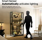GINGO 5.5 Ft Display Cabinet with Glass Doors, 4-Tier Curio Cabinet with 3 Color Lights for Collectibles, Glass Display Case with Human Body Sensor, Bookcase with 4 Shelves, Storage Cabinets, Black