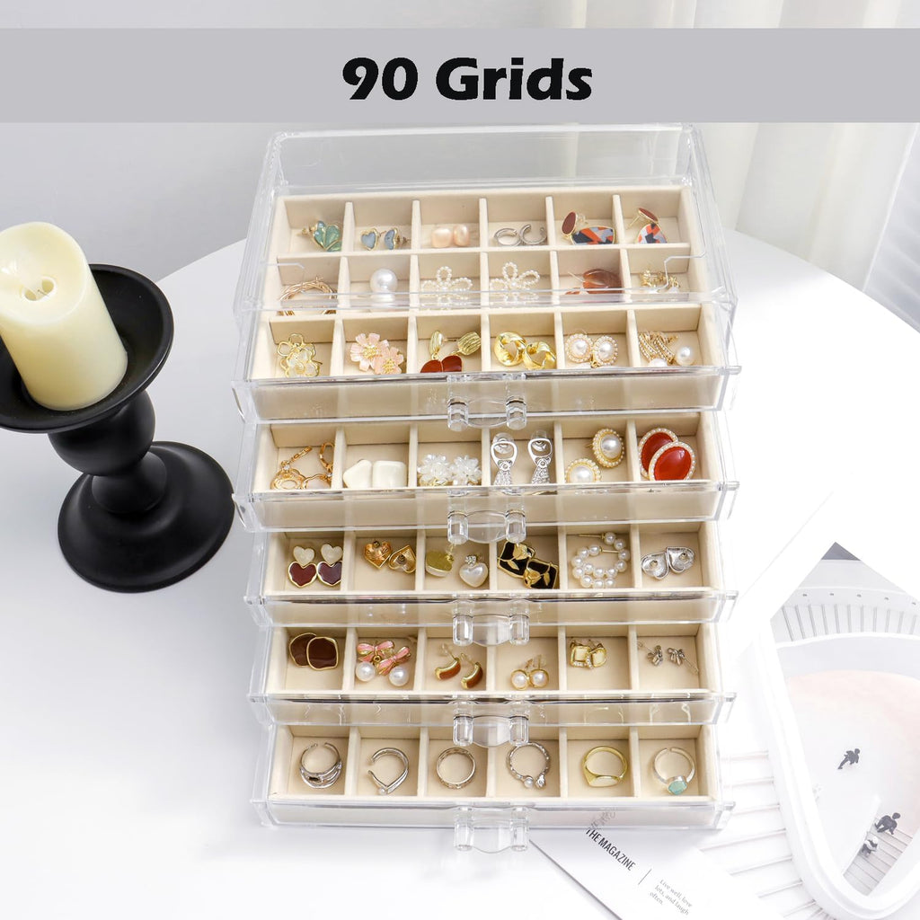 YUFONG Jewelry Organizer with 5 Drawers Clear Acrylic Earring Display Case Velvet Jewelry Storage Box Display Holder for Earring Ring Bracelet Necklace (Beige, 90 Grids)