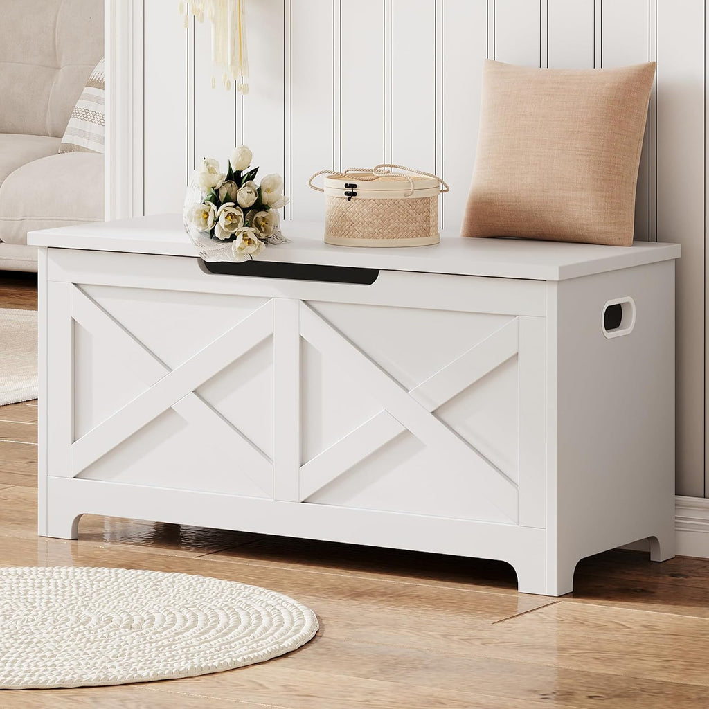 coucheta Storage Chest, Farmhouse Storage Trunk, Wooden Entryway Storage Bench with Safety Hinge and Lift-Top for Entryway, Living Room, White