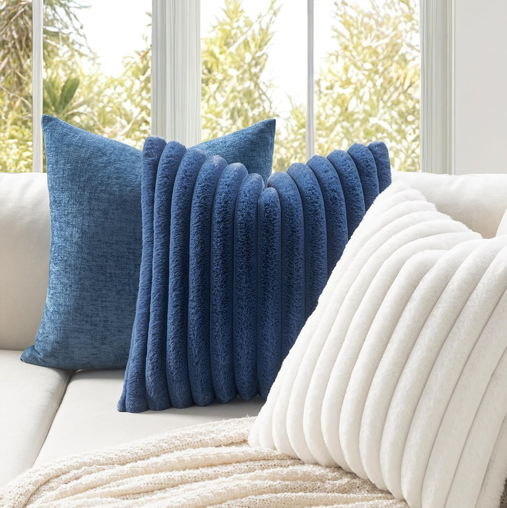 MIULEE Faux Fur Decorative Euro Sham Pillow Covers 24x24 Navy Blue 2 Pack
