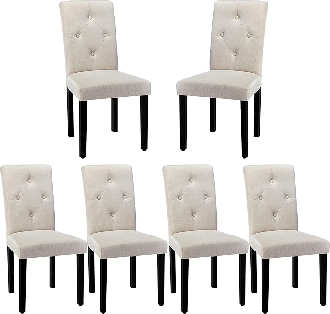 VECELO Upholstered Dining Chairs Set of 6, Modern Fabric and Solid Wood Legs & High Back for Kitchen/Living Room- Beige