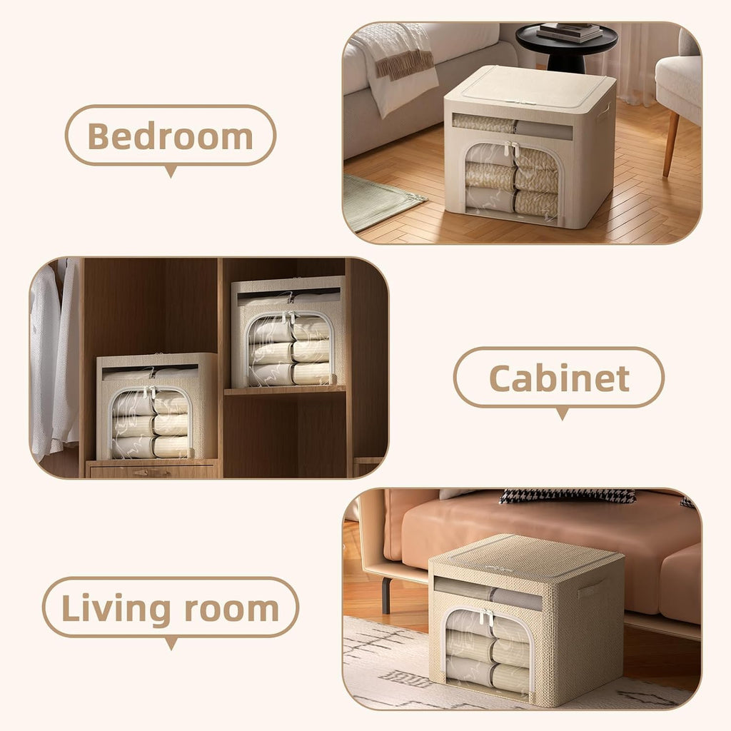 FHSQX 6 Pack Foldable Storage Bins for Clothes Clothes Storage Bins with Metal Frame Stackable Storage Box with Lid (Beige, 16.5x12.2x12.2 inch (40L))
