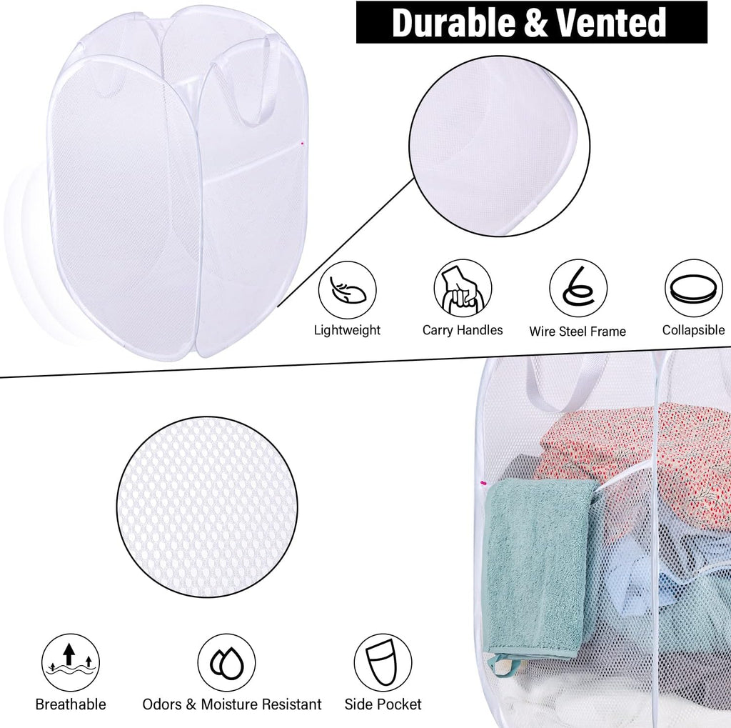 BATTOO Deluxe Strong Mesh Pop up Laundry Hamper Basket with Side Pocket for Laundry Room, Bathroom, Kids Room, College Dorm or Travel 3 Pack White