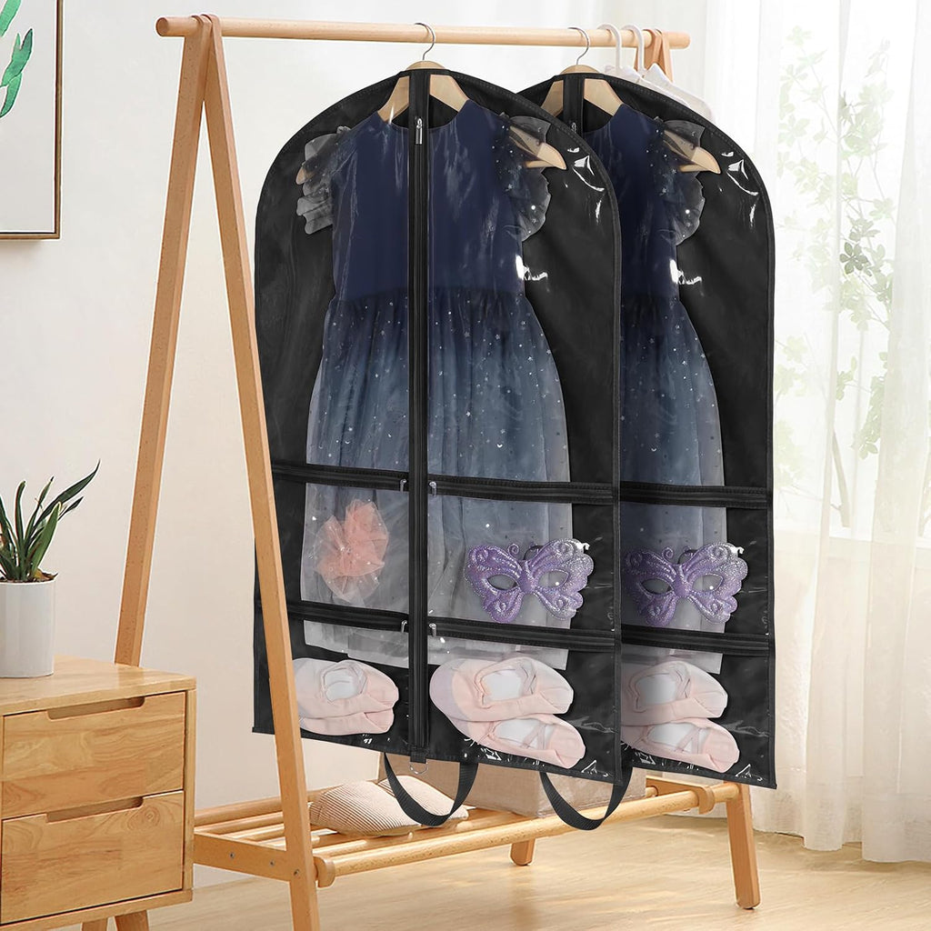 KEEGH 40 inch Clear Garment Bags for Dance Costumes, Black, 6 Pack | 4 Zipper Pockets, for Dance Competitions, Ballet, Theatre, Dance Garment Bags for Dancers, Hanging Clothes for Closet Storage