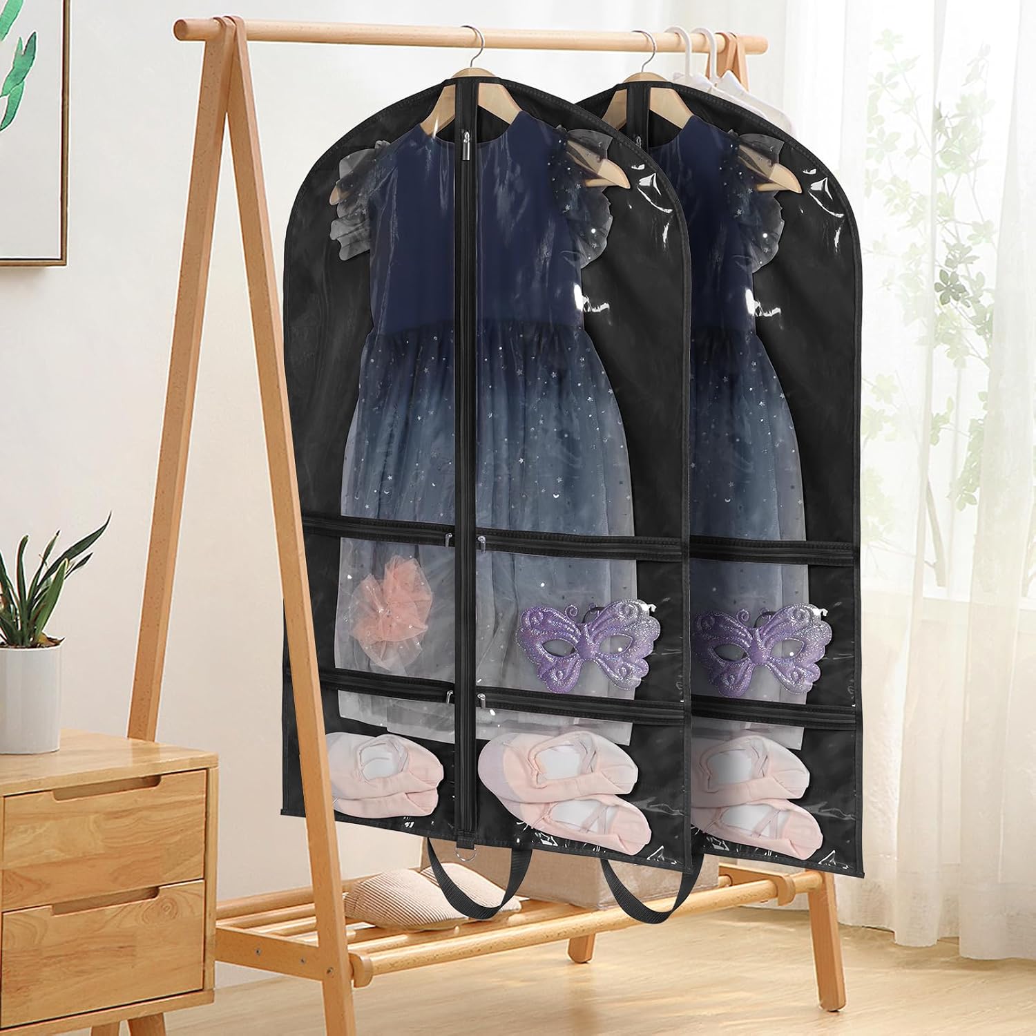 KEEGH 40 inch Clear Garment Bags for Dance Costumes, Black, 6 Pack | 4 Zipper Pockets, for Dance Competitions, Ballet, Theatre, Dance Garment Bags for Dancers, Hanging Clothes for Closet Storage
