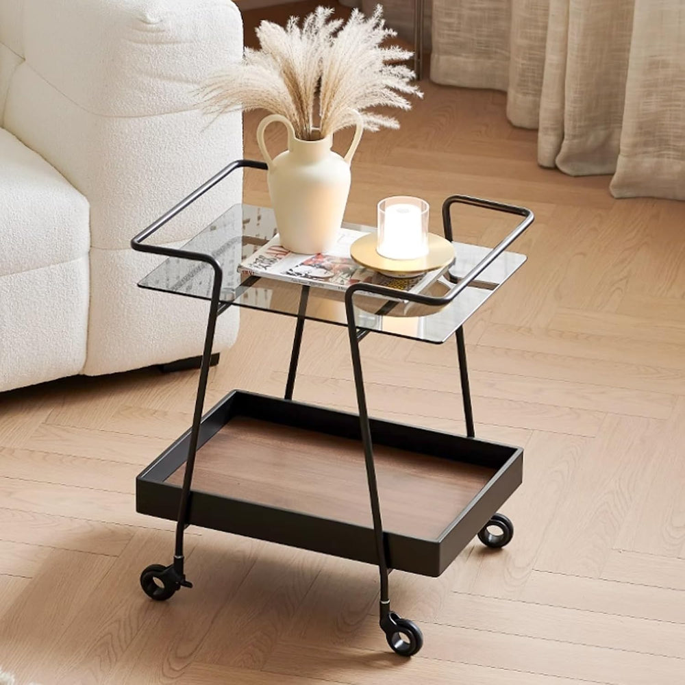 2 Tier Side Table with Wheels End Tables with Storage Shelf Storage Cart with...