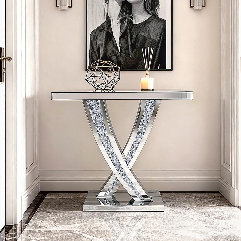 Silver Mirrored Console Table with Crushed Diamond Inlay, 39.4'' Long...