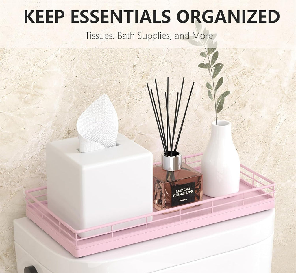 Toilet Tank Tray Organizer – Oak Wood Bathroom Counter Basket with Metal Frame, Back of Toilet or Tank Top Paper Holder Storage – Pink Modern Decor